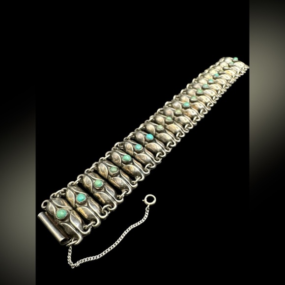 Vintage 1940’s Sterling Silver Mexico Turquoise Shadowbox Link Bracelet 39 grams - Picture 3 of 7